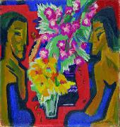 Ernst Ludwig Kirchner Stilleben mit zwei Holzfiguren und Blumen oil painting artist